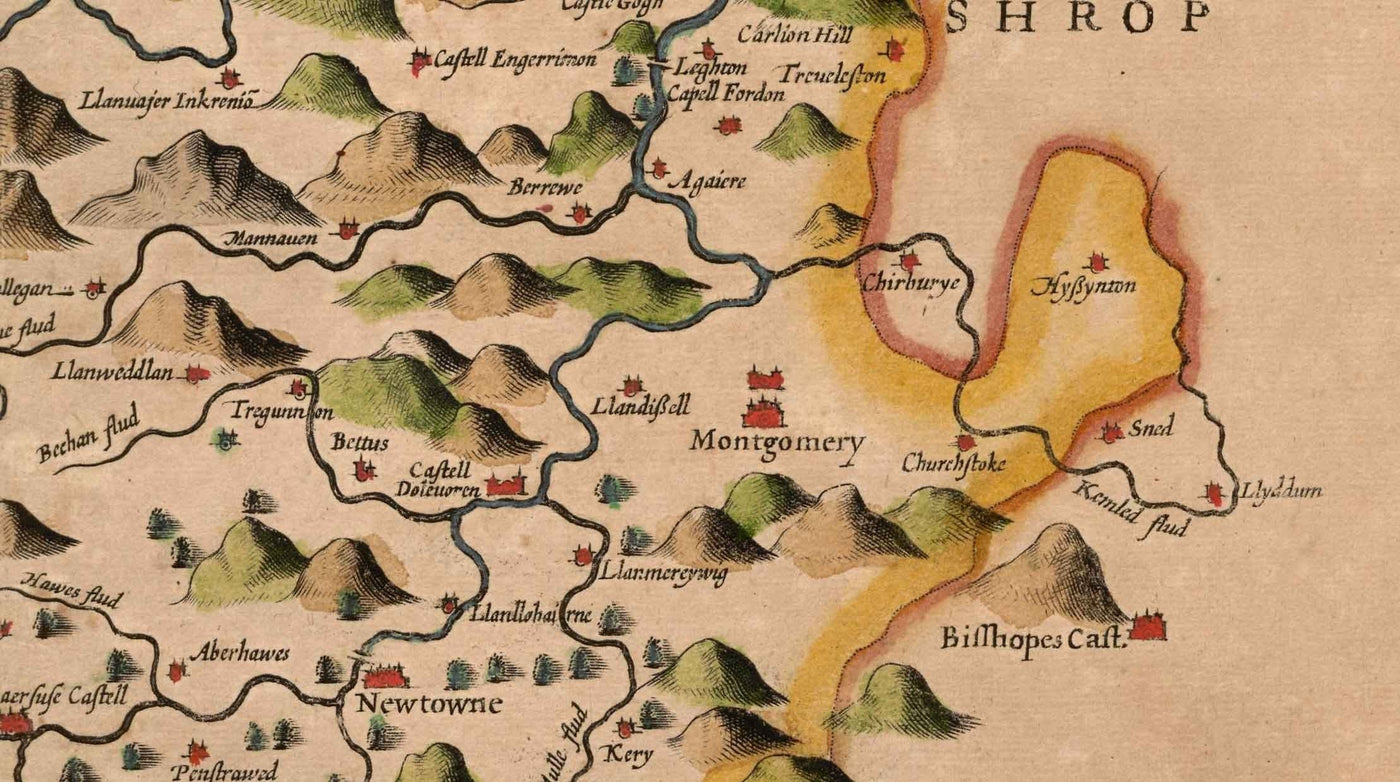 Ancienne carte du Montgomeryshire, Pays de Galles, 1611 par John Speed - Powys, Maldwyn, Montgomery, Newtown, Welshpool, Llanidloes