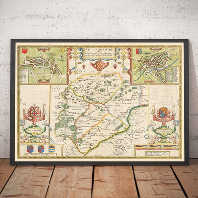 Antiguo mapa de Rutland, 1611 por John Speed - Rutlandshire, Oakham, Edith Weston, Uppingham, Ketton, Stretton