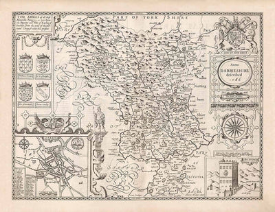 Old monochrome Carte of Derbyshire, 1611 par John Speed ​​- Derby, Chesterfield, Buxton, Peak District