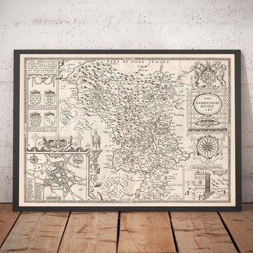 Antiguo mapa monocromo de Derbyshire, 1611 por John Speed - Derby, Chesterfield, Buxton, Peak District