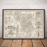 Antica mappa monocromatica del Derbyshire, 1611 di John Speed - Derby, Chesterfield, Buxton, Peak District 
