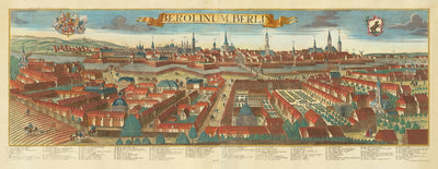 Alte Karte von Berlin, 1760 von Balthasar Probst - Alte Panoramakarte mit Wappen