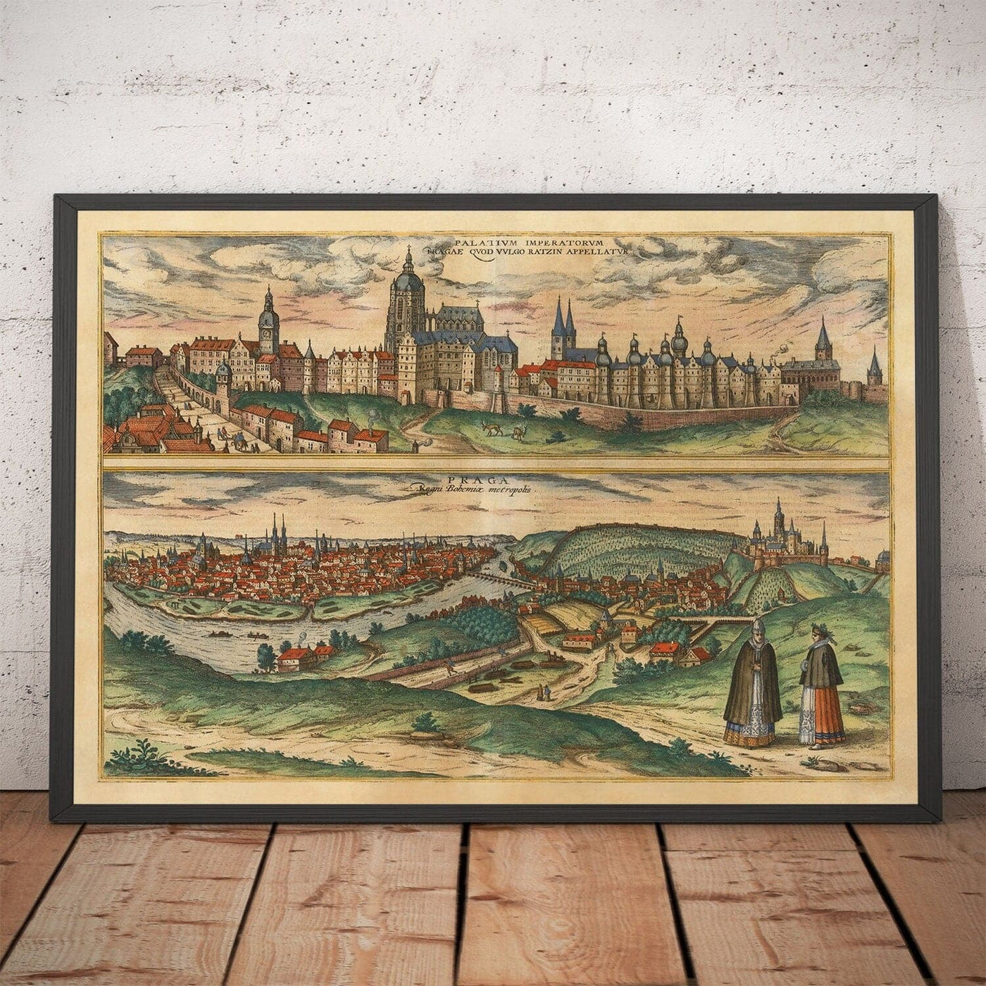 Old Map of Prague, Czechia par Georg Braun, 1572 - Bohême, château, vltava, église Týn Teyn, vieille ville, Mala Strana
