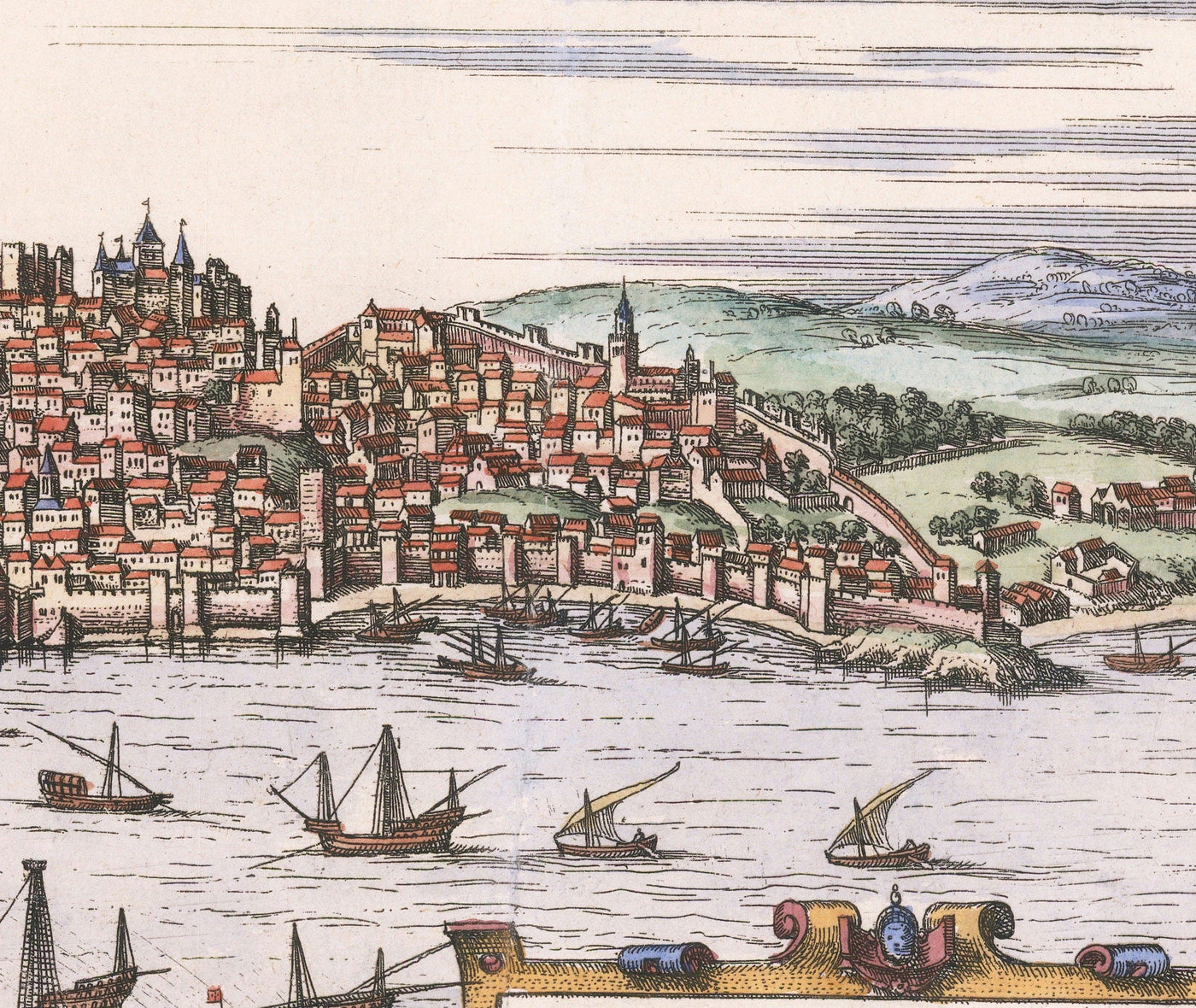 Mapa antiguo de Lisboa, Portugal por Georg Braun en 1572 - Castillo, Catedral, Murallas, Centro de la ciudad, Calles antiguas