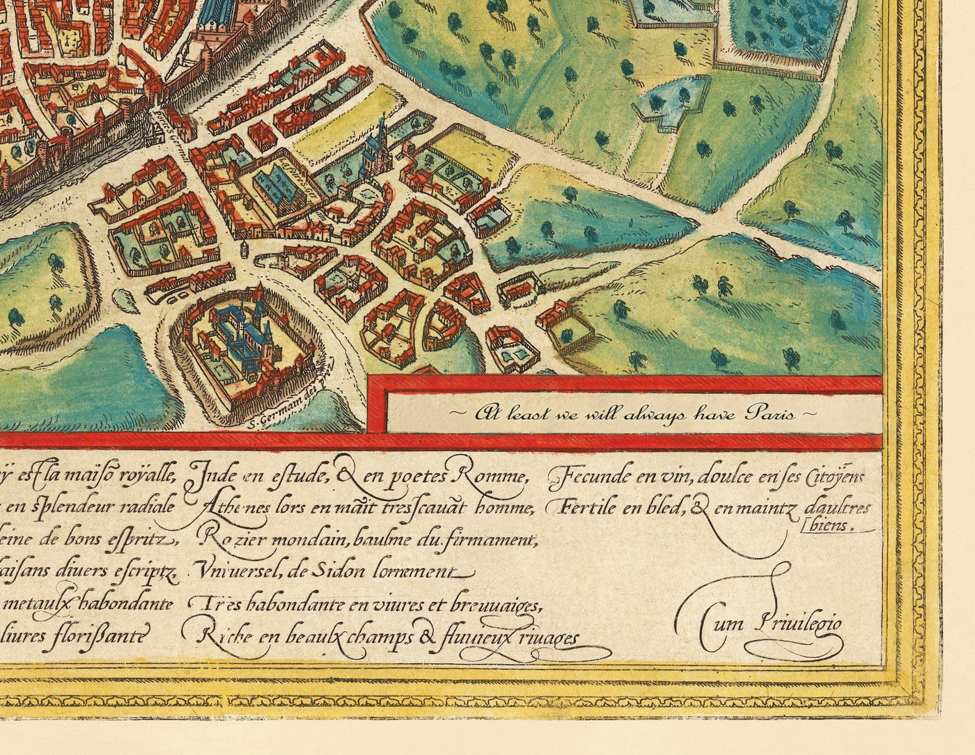 Mapa antiguo de Lisboa, Portugal por Georg Braun en 1572 - Castillo, Catedral, Murallas, Centro de la ciudad, Calles antiguas