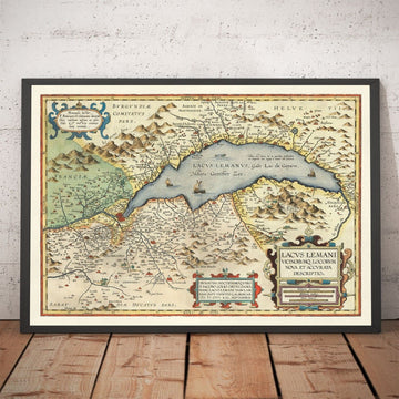 Vecchia mappa del Lago di Ginevra di Abraham Ortelius, 1573 - Losanna, Montreux, Thonon-les-Bains, Évian, Nyon, Morges 