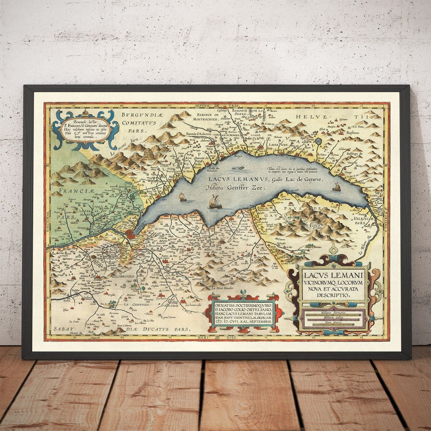 Alte Karte des Genfersees von Abraham Ortelius, 1573 - Lausanne, Montreux, Thonon-les-Bains, Evian, Nyon, Morges