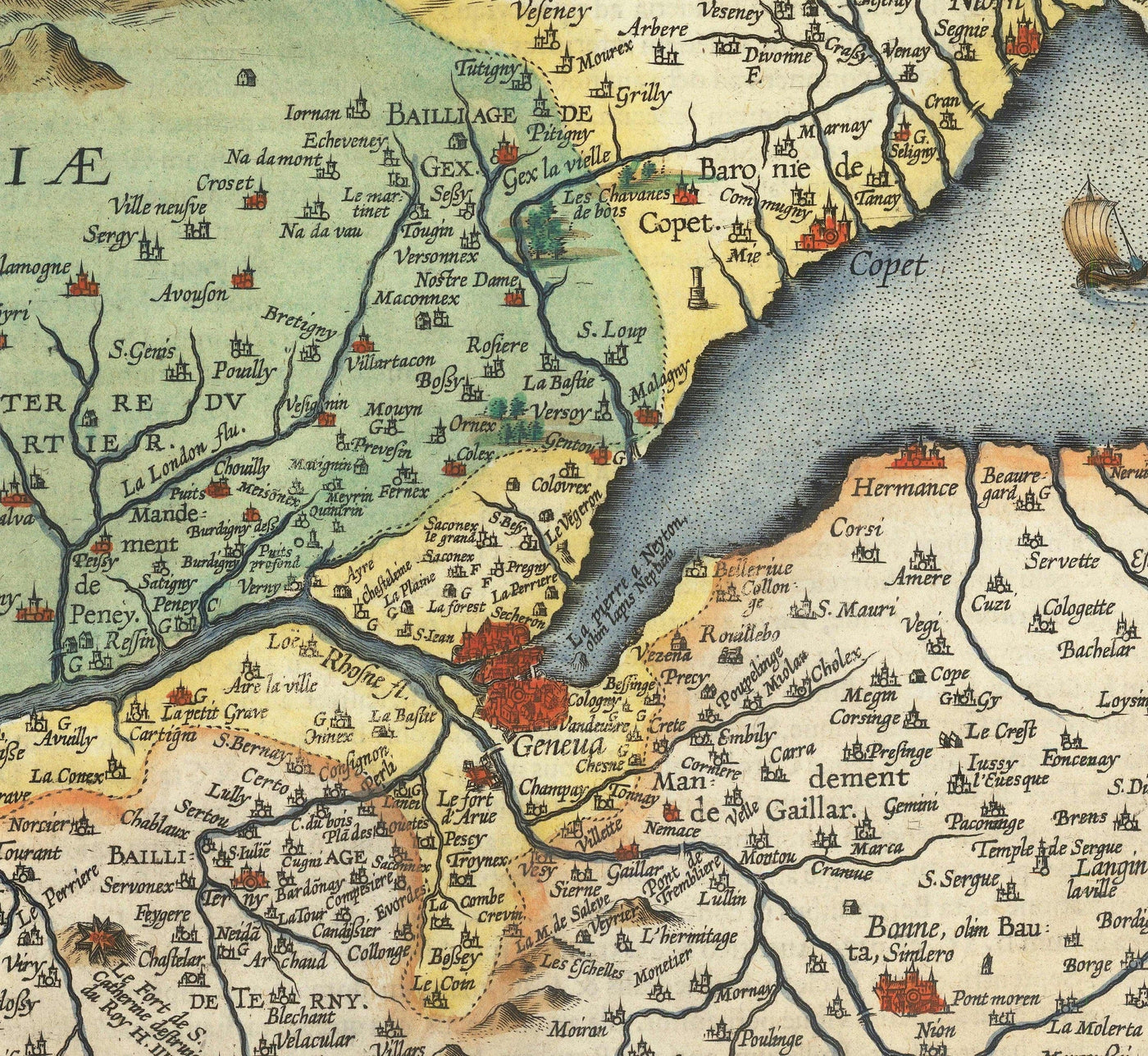 Alte Karte des Genfersees von Abraham Ortelius, 1573 - Lausanne, Montreux, Thonon-les-Bains, Evian, Nyon, Morges