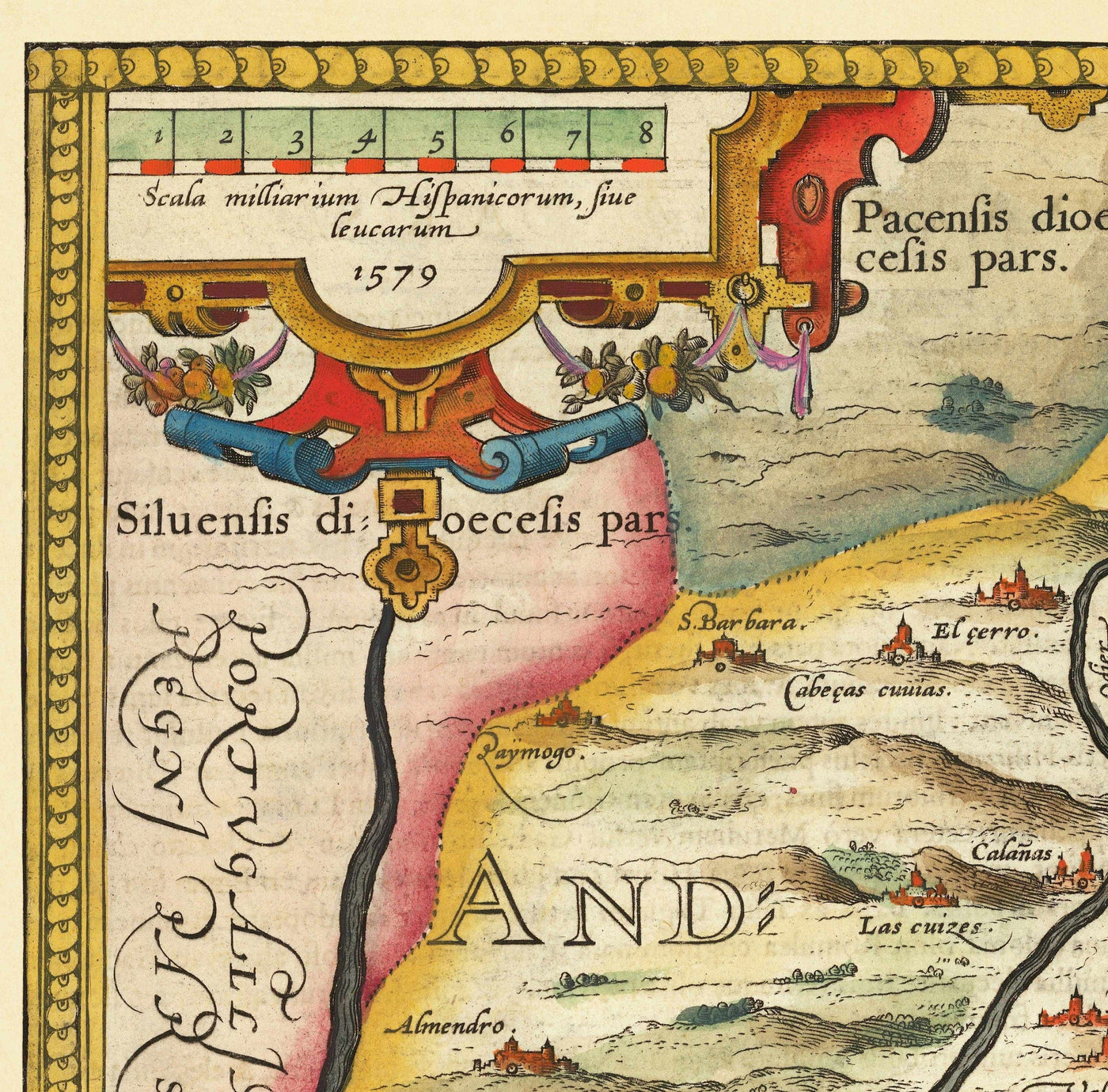 Ancienne carte d'Andalousie, Séville, Espagne par Ortelius en 1573 - Sevilla, Huelva, Cadiz, Barrameda, Santa María, Real