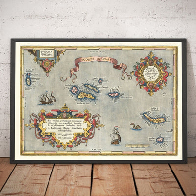 Old Map of The Azores by Abraham Ortelius, 1573 - Sao Miguel, Pico, Terceira, São Jorge, Faial, Portugal, Atlantic