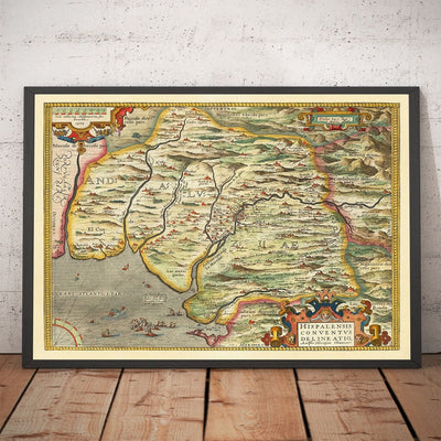 Old Map of Andalusia, Seville, Spain by Ortelius in 1573 - Sevilla, Huelva, Cadiz, Barrameda, Santa María, Real