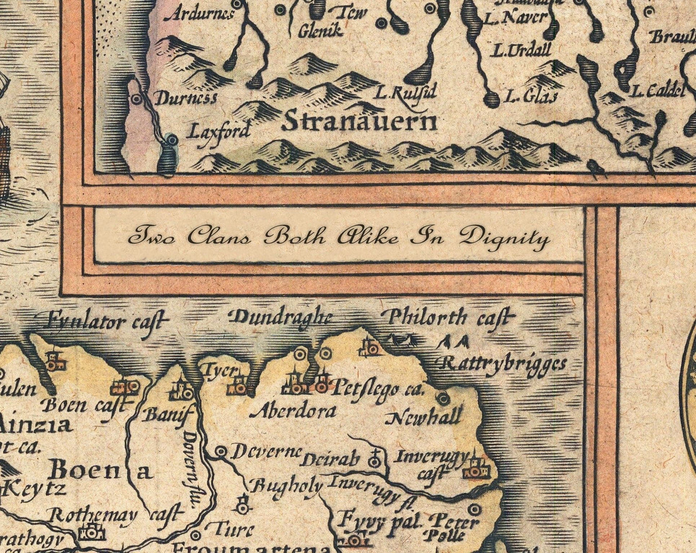 Ancienne carte du Merionethshire, Pays de Galles en 1611 par John Speed - Dolgellau, Aberdyfi, Bala, Barmouth, Harlech, Snowdonia