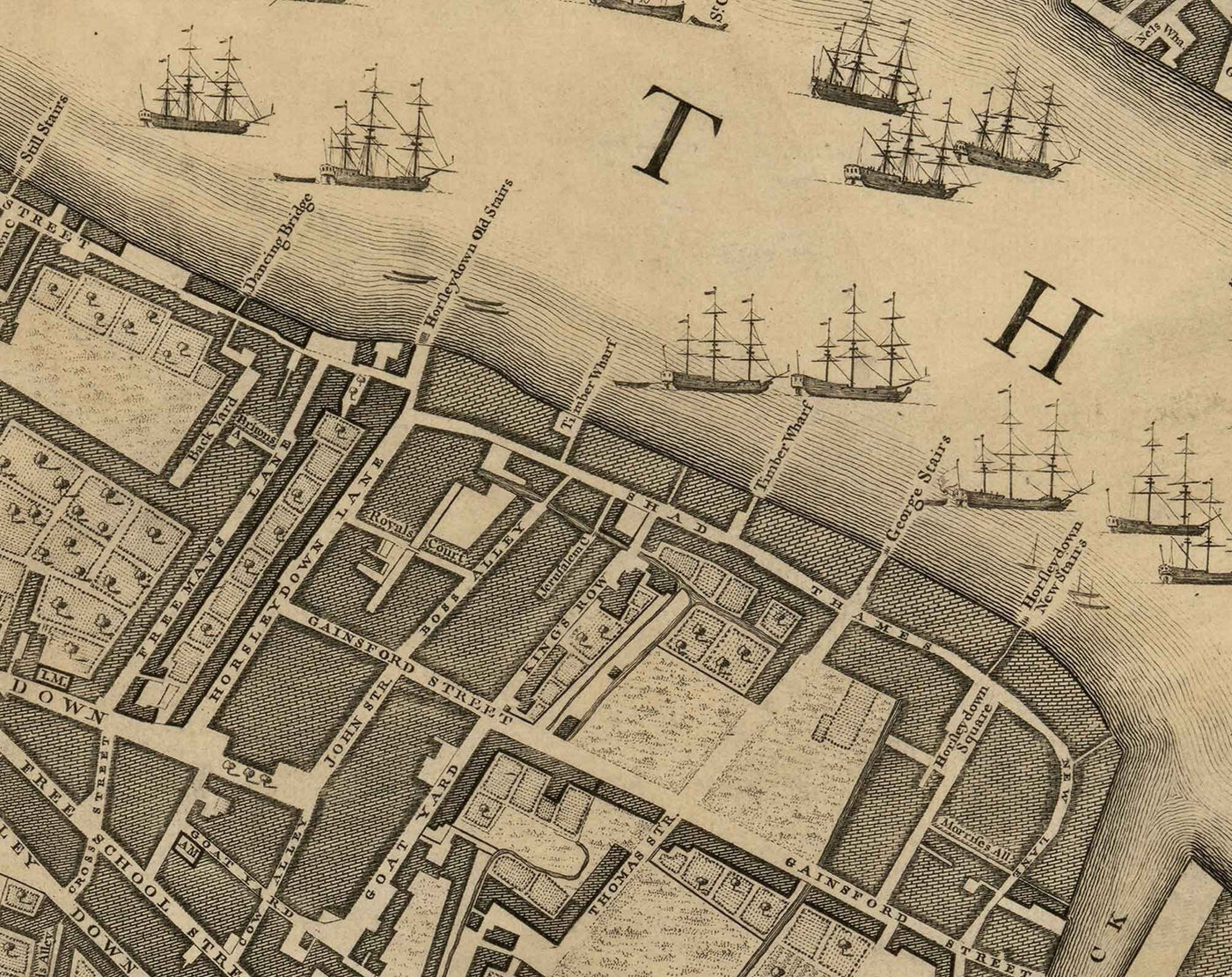 Alte Karte von London von John Rocque, 1746, F2 - Tower of London, Shad Thames, St Katherine Dock, Tower Hamlets, Bermondsey