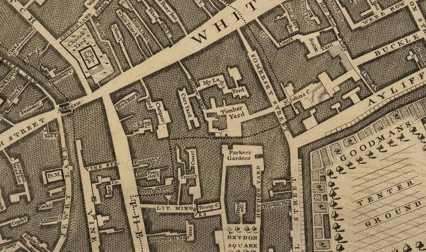 Antiguo mapa de Londres de John Rocque, 1746, F2 - Torre de Londres, Shad Thames, St Katherine Dock, Tower Hamlets, Bermondsey