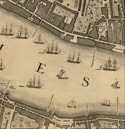 Ancienne carte de Londres par John Rocque, 1746, F2 - Tour de Londres, Shad Thames, St Katherine Dock, Tower Hamlets, Bermondsey