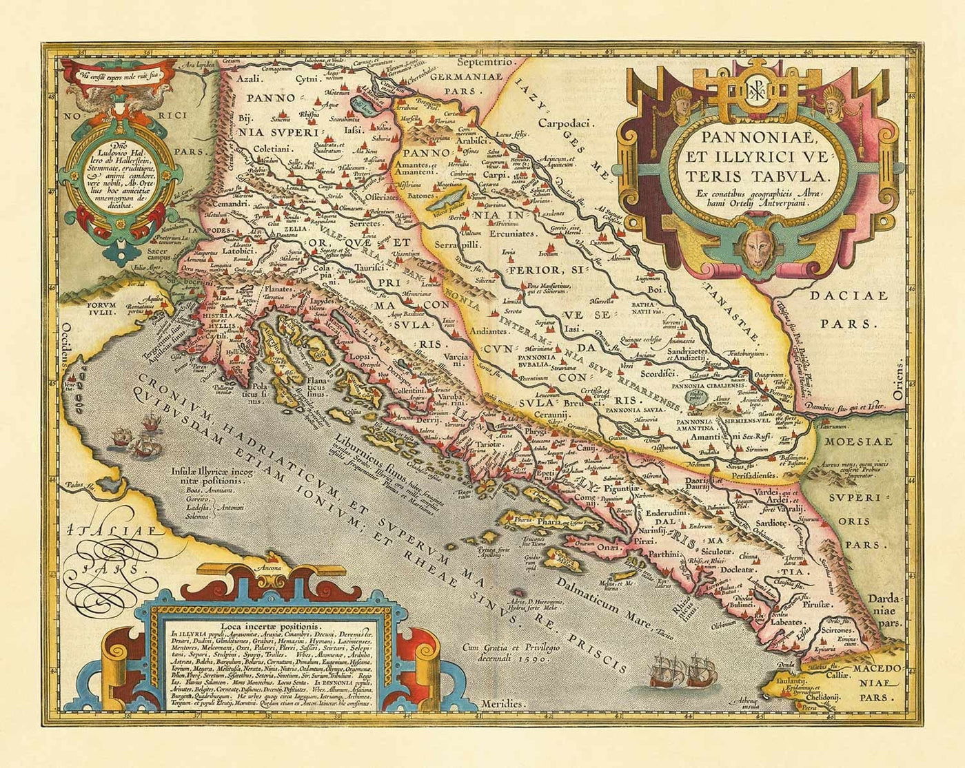 Ancienne carte de Croatie, Bosnie et Serbie, 1573 par Ortelius - Mer Adriatique, Venise, Zagreb, Belgrade, Sarajevo, îles