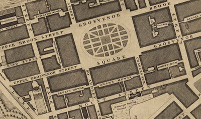 Ancienne carte de Londres par John Rocque, 1746, A2 - Mayfair, Hyde Park, Knightsbridge, Piccadilly, Grosvenor Square, Oxford St.