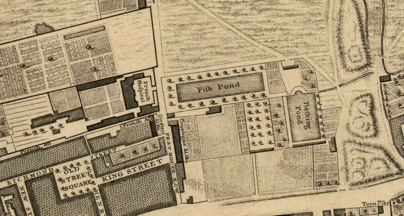 Alte Karte von London von John Rocque, 1746, E1 - Old Street, Finsbury, Moorgate, Barbican, St Lukes, Liverpool St