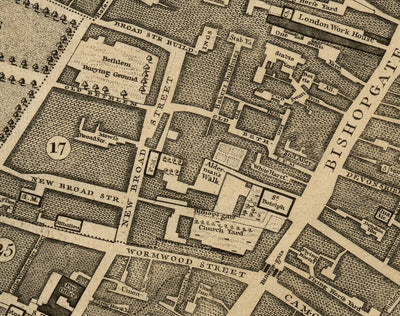Ancienne carte de Londres par John Rocque, 1746, E1 - Old Street, Finsbury, Moorgate, Barbican, St Lukes, Liverpool St
