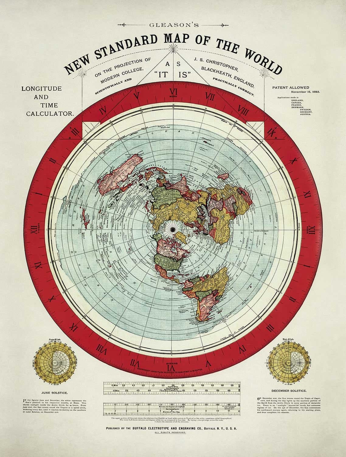 Ancienne carte du monde de la Terre plate, 1892, par Alexander Gleason - Projection polaire azimutale brevetée rare