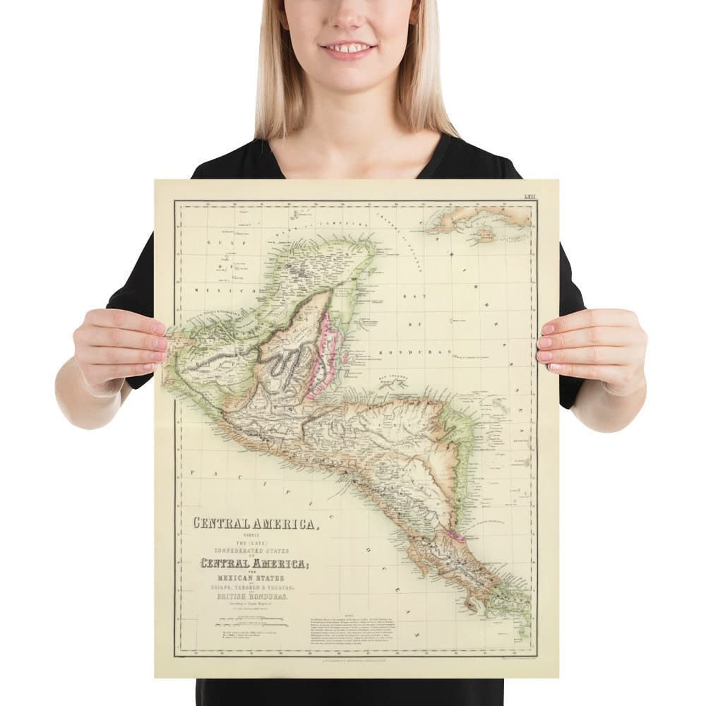 Ancienne carte de l'Amérique centrale et des villes et ruines mayas, 1872 par Fullarton - Panama, Costa Rica, Nicaragua, Guatemala, Belize