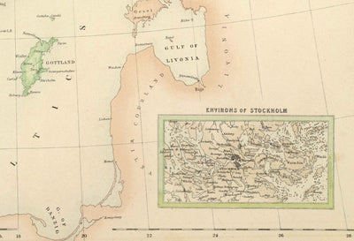Mapa antiguo de Suecia, Noruega y Finlandia rusa, 1872 por Fullarton - Escandinavia, Dinamarca, Mar Báltico, Golfo de Botnia