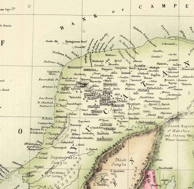 Antiguo mapa de Centroamérica y ciudades y ruinas mayas, 1872 por Fullarton - Panamá, Costa Rica, Nicaragua, Guatemala, Belice