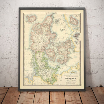 Mappa antica della Danimarca e Schleswig-Holstein, 1872 di Fullarton - Islanda, Isole Faroe, Regno Danese, Zeeland, Copenaghen 