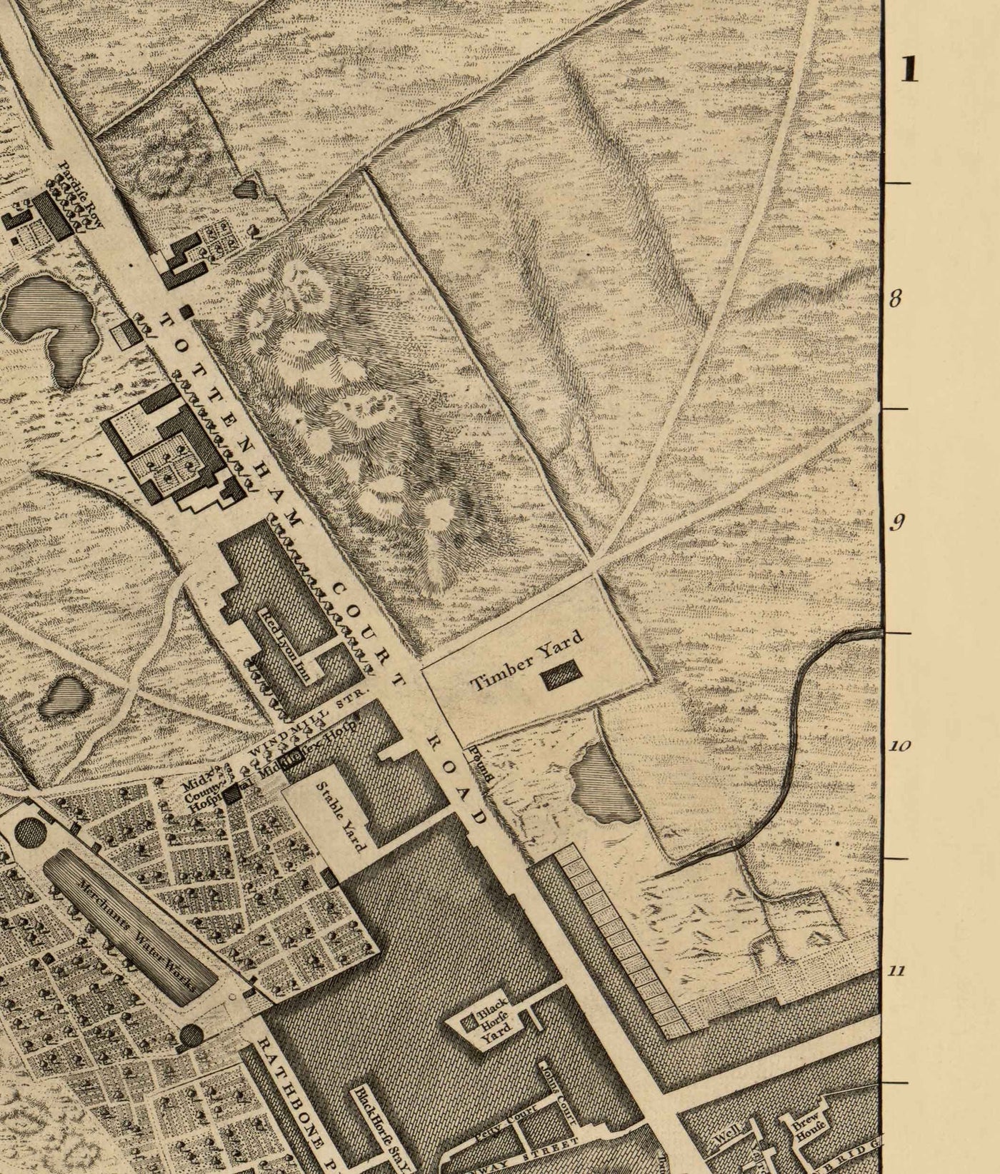 Antiguo mapa de Londres de John Rocque, 1746, B1 - Oxford Street, Tottenham Court Road, Fitzrovia, Soho y Cavendish Square