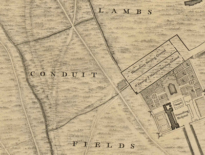 Mapa antiguo de Londres por John Rocque, 1746, C1 - Holborn, Russell & Bloomsbury Square, Lincoln's y Gray's Inn, Camden