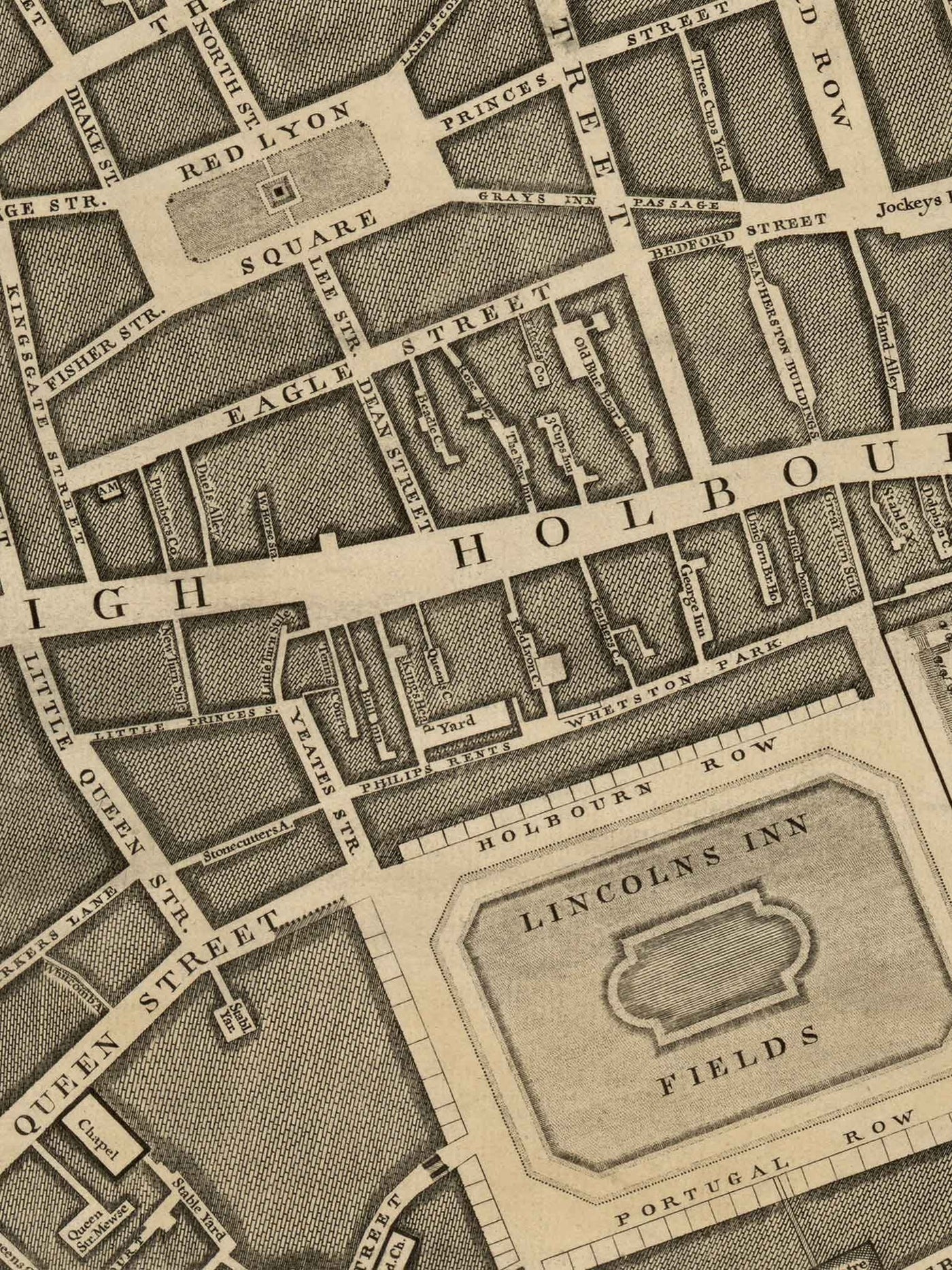 Ancienne carte de Londres par John Rocque, 1746, C1 - Holborn, Russell & Bloomsbury Square, Lincoln's et Gray's Inn, Camden