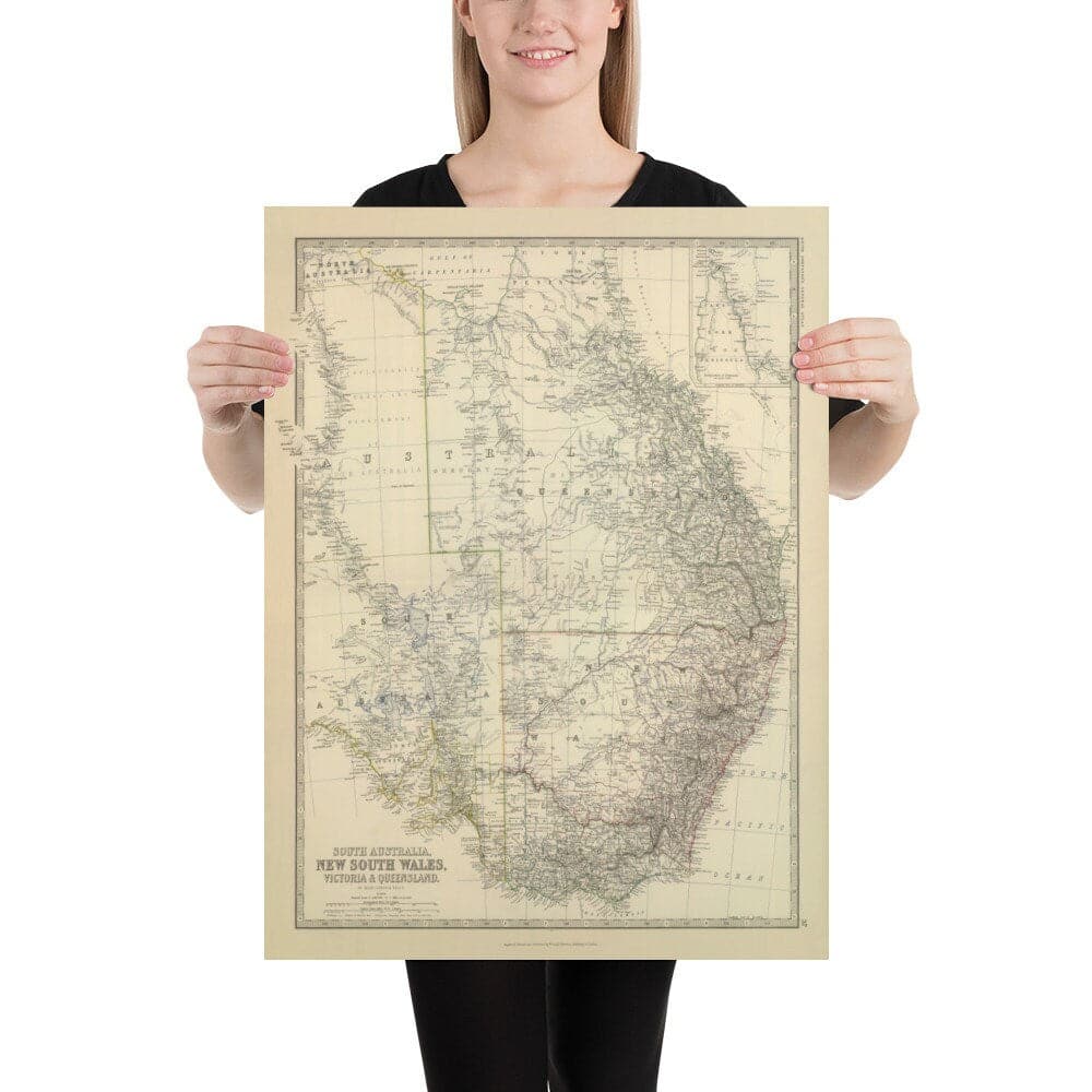 Antiguo mapa de Australia Oriental, 1879 - Primeras colonias británicas de Nueva Gales del Sur, Victoria, Queensland y Australia Meridional