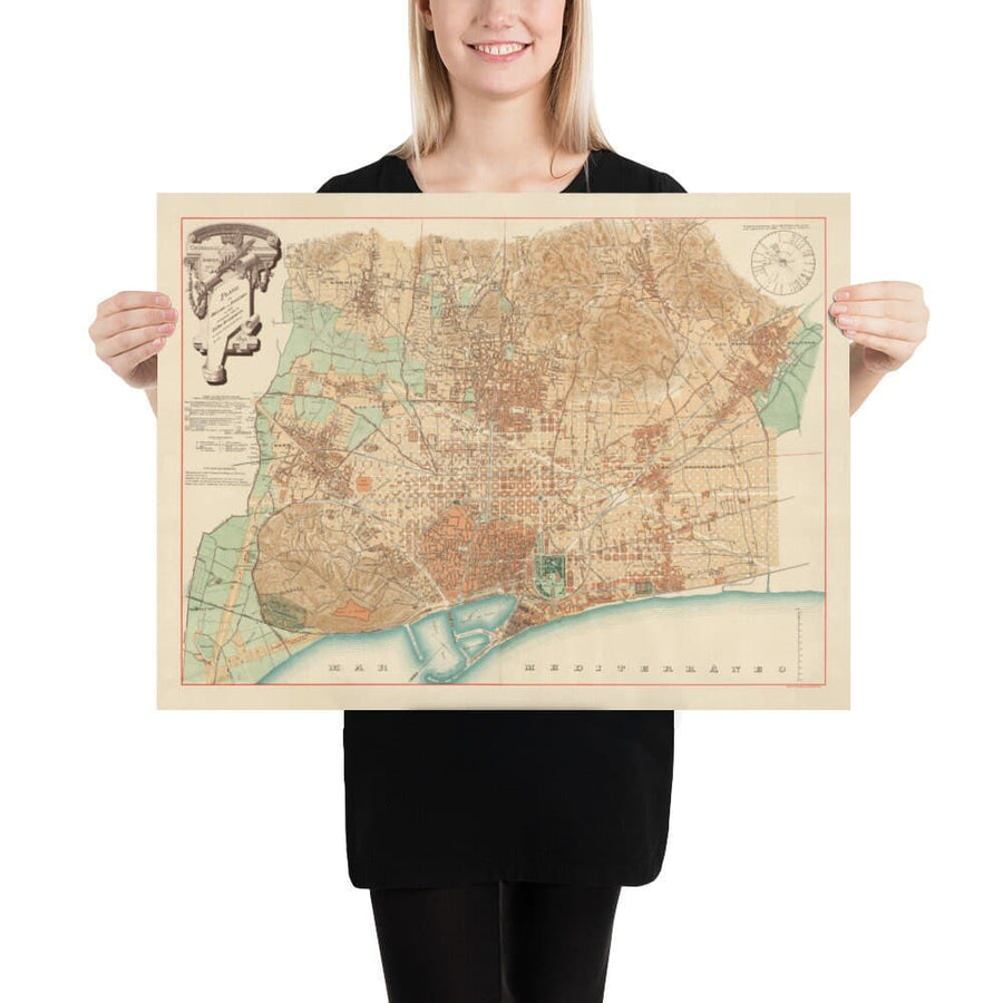 Mappa antica di Barcellona, 1891 di DJM Serra - Sagrada Famíli, Quartiere Gotico, Cattedrali, Parchi, Las Ramblas, Strade 