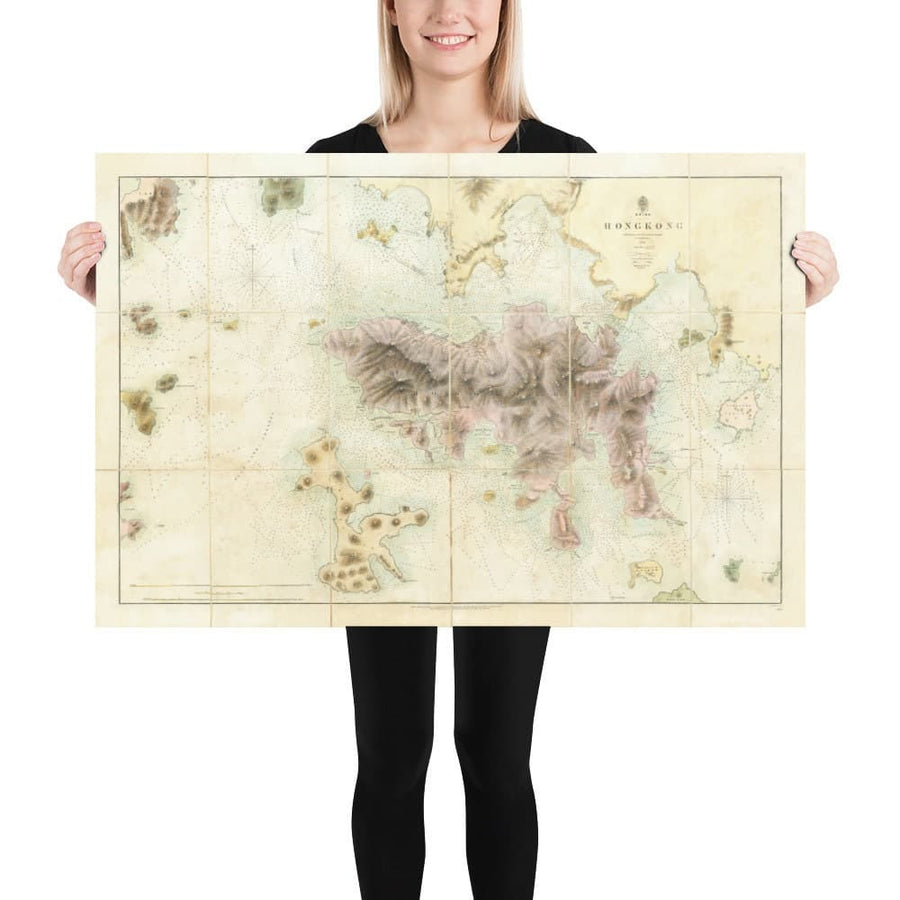 Die erste Karte von Hongkong, 1843 - Alte Admiralty Navy Chart - Kowloon, Victoria Bay, frühe britische Kolonie 