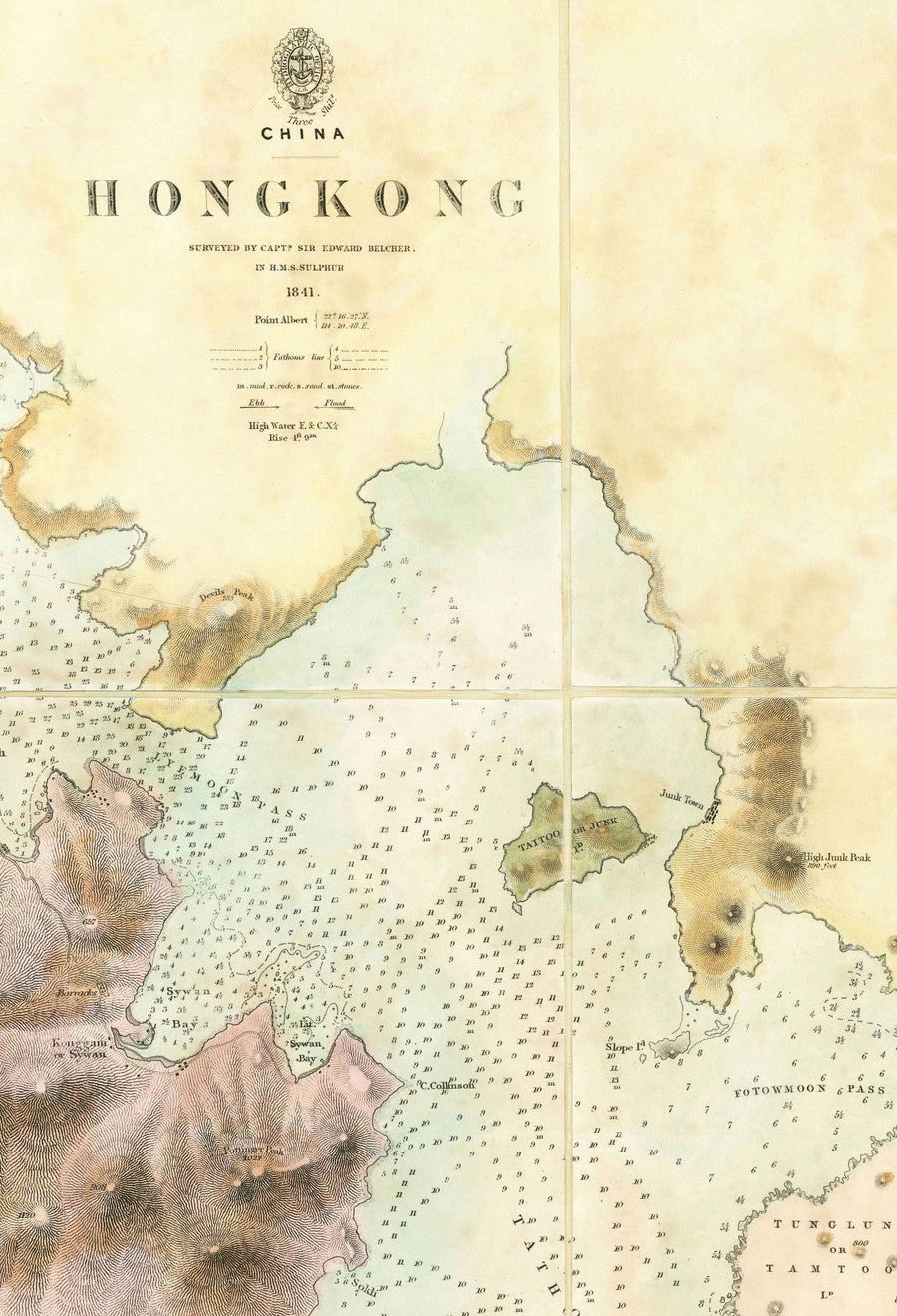 Die erste Karte von Hongkong, 1843 - Alte Admiralty Navy Chart - Kowloon, Victoria Bay, frühe britische Kolonie 