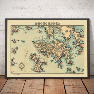 Ancienne carte de Hong Kong, 1924 par Sung Chun Wa - Central, Kowloon, Causeway, Victoria Harbour, îles, montagnes, Lamma