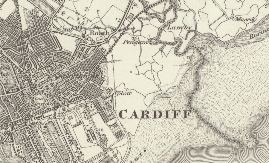 Mappa antica di Cardiff, Galles nel 1867 - Caerdydd, Penarth, Sully, Barry, Llandaff, Castello, Sobborgo, Foce del Severn 