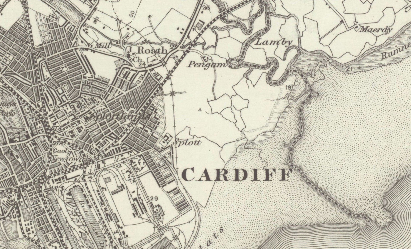 Antiguo mapa de Cardiff, Gales en 1867 - Caerdydd, Penarth, Sully, Barry, Llandaff, Castillo, Suburbios, Desembocadura del Severn
