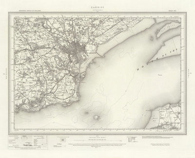 Antiguo mapa de Cardiff, Gales en 1867 - Caerdydd, Penarth, Sully, Barry, Llandaff, Castillo, Suburbios, Desembocadura del Severn