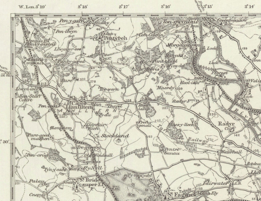 Mappa antica di Cardiff, Galles nel 1867 - Caerdydd, Penarth, Sully, Barry, Llandaff, Castello, Sobborgo, Foce del Severn 