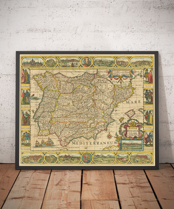 Mappa antica di Spagna e Portogallo, 1659 di Jan Jansson - Madrid, Lisbona, Barcellona, Catalogna, Valencia, Iberia, Mare Mediterraneo 