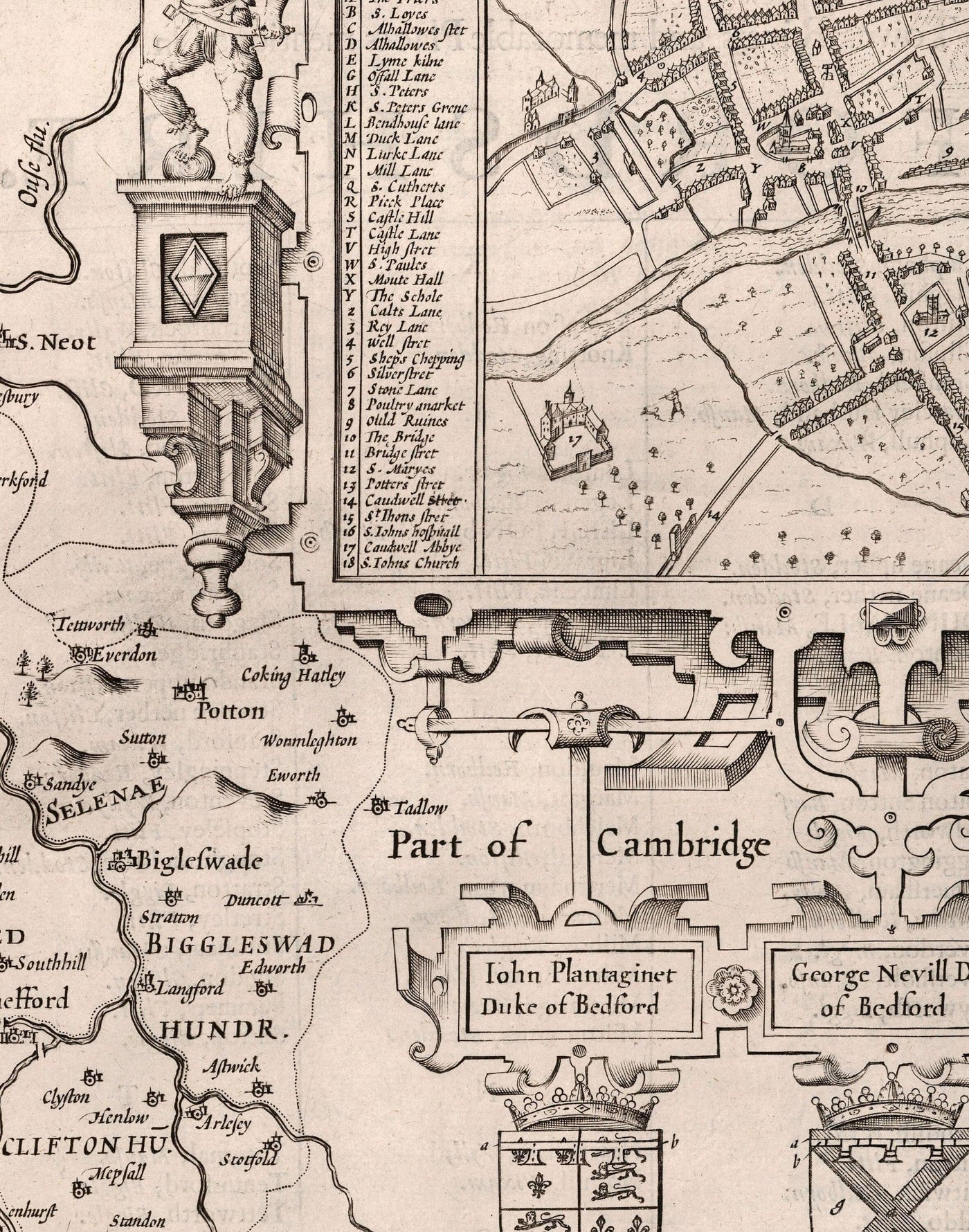 Antiguo mapa de Bedfordshire 1611, John Speed - Bedford, Luton, Dunstable, St Neots, Kempston, Leighton Buzzard