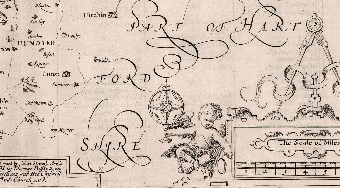 Alte Karte von Bedfordshire 1611, John Speed - Bedford, Luton, Dunstable, St Neots, Kempston, Leighton Buzzard