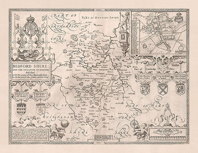 Ancienne carte du Bedfordshire 1611, John Speed - Bedford, Luton, Dunstable, St Neots, Kempston, Leighton Buzzard