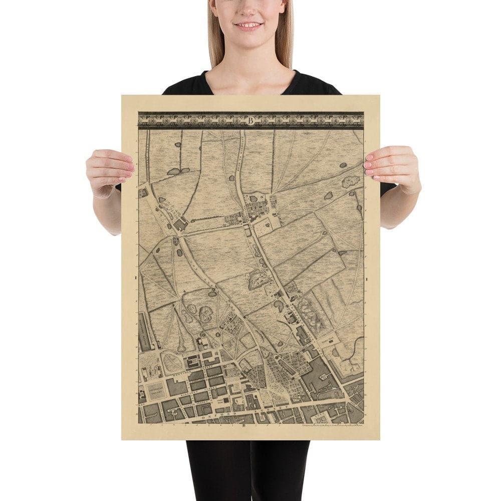 Carte ancienne de Londres par John Rocque, 1746, B1 - Oxford Street, Tottenham Court Road, Fitzrovia, Soho & Cavendish Square