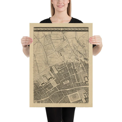 Mapa antiguo de Londres por John Rocque, 1746, C1 - Holborn, Russell & Bloomsbury Square, Lincoln's y Gray's Inn, Camden