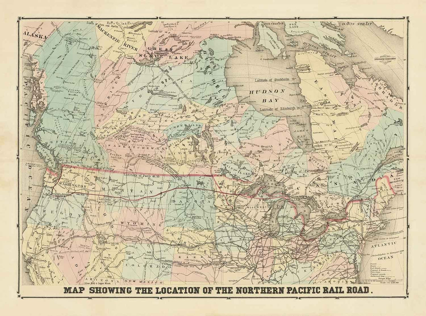 Alte Karte der Nordpazifik Railway, 1870 von Traubel - Eisenbahnen in Kanada und USA - Great Lakes, Staaten