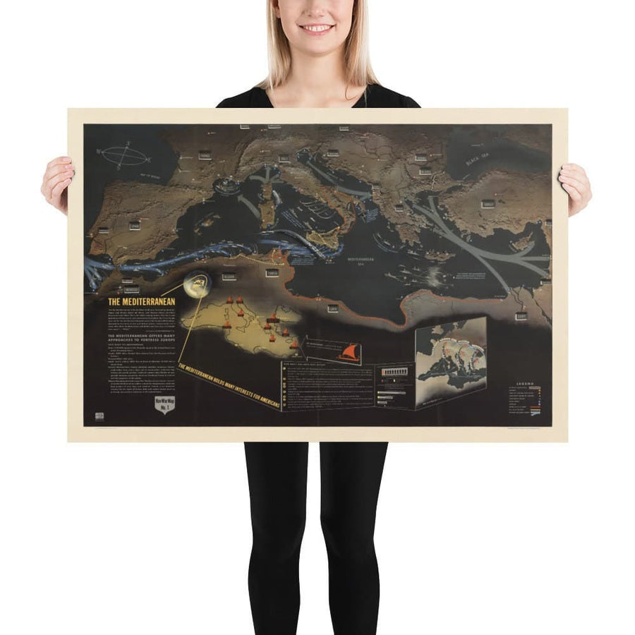Alter Zweiter Weltkrieg Karte: Mittelmeer, 1944 - NavWarMap Nr.1 - Südeuropa & Nordafrika - Italien, Spanien, Frankreich 