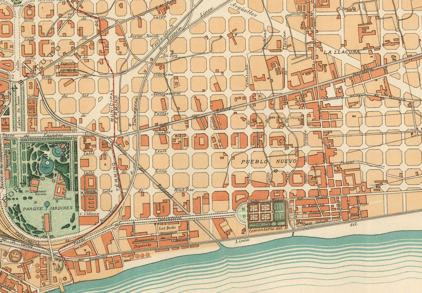 Mapa antiguo de Barcelona, 1891 por DJM Serra - Sagrada Família, Barrio Gótico, Catedrales, Parques, Las Ramblas, Calles