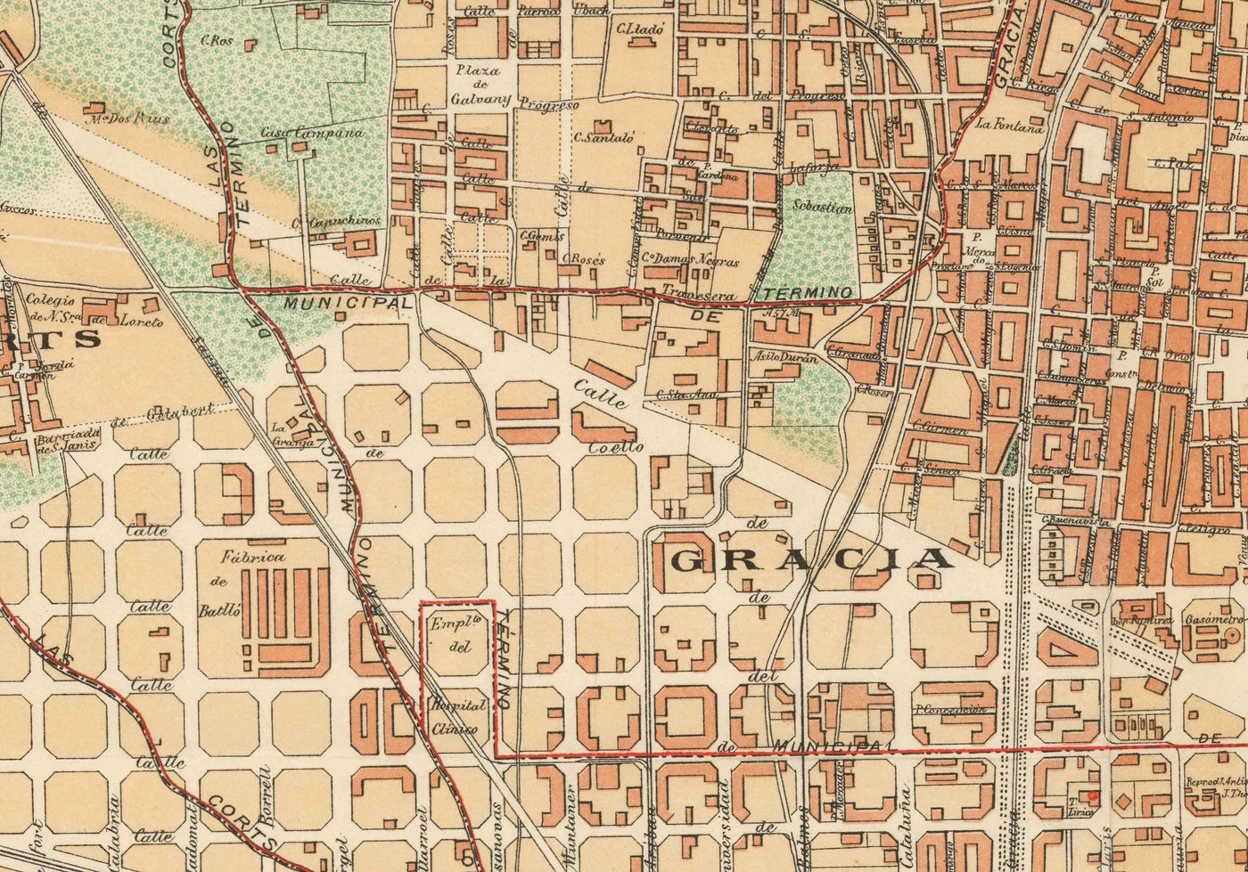 Mapa antiguo de Barcelona, 1891 por DJM Serra - Sagrada Família, Barrio Gótico, Catedrales, Parques, Las Ramblas, Calles